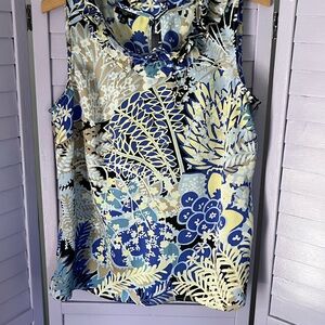 TALBOTS Floral Sleeveless Top - Blue and Yellow.  Ruffles at neckline MP